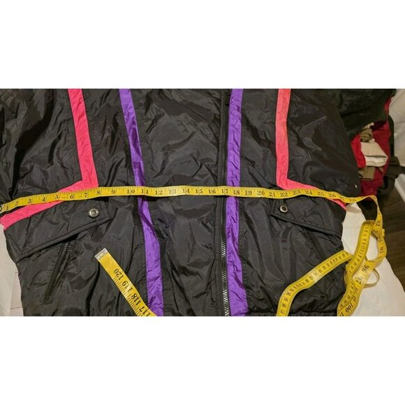 Vintage Profile Ski Jacket Womens Large Black 90s Neon Stripe Nylon Retro Zip - Picture 8 of 10